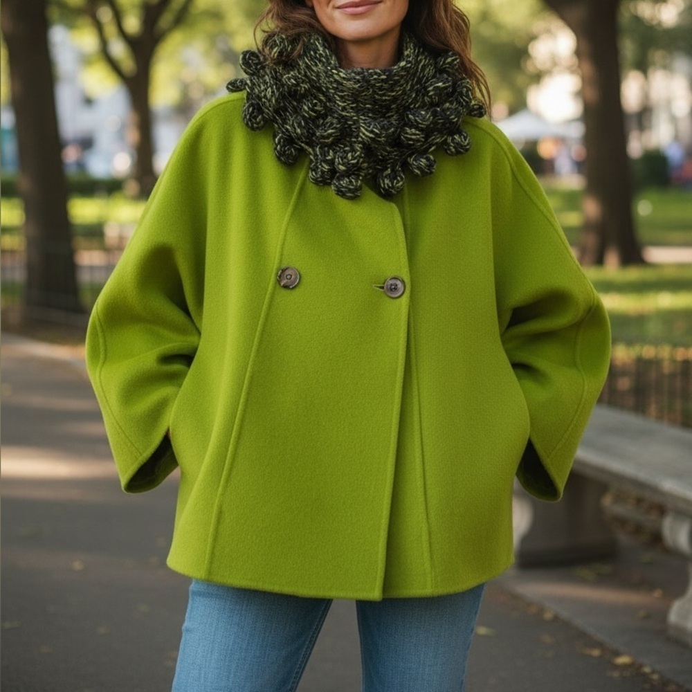 [US2/S]Per Se Lime Green Swing Boxy Wool Angora Short Jacket Textured Collar
